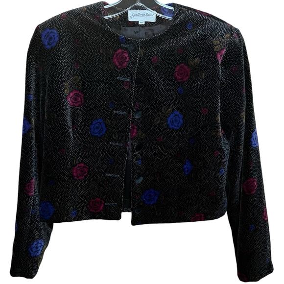 Vintage Jackets & Blazers - Galleria Sport Velvet Cropped Floral Blazer Jacket 100% Cotton Sz 10 Black